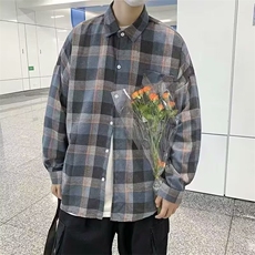 日系宽松男生格子长袖衬衫男春秋ins港风韩版潮流衬衣外套男，男装衬衫，四季星座505