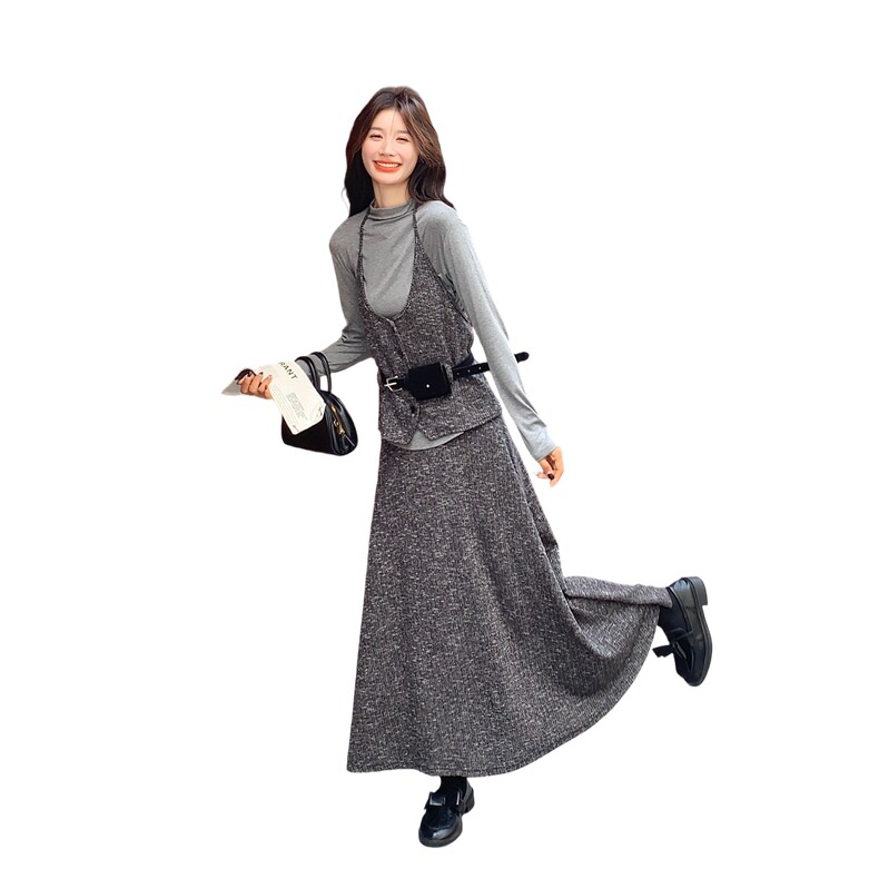 灰色御姐范气质通勤套装裙女秋季2025新款吊带打底衫半身裙三件套,女装套装/套裙,2D078