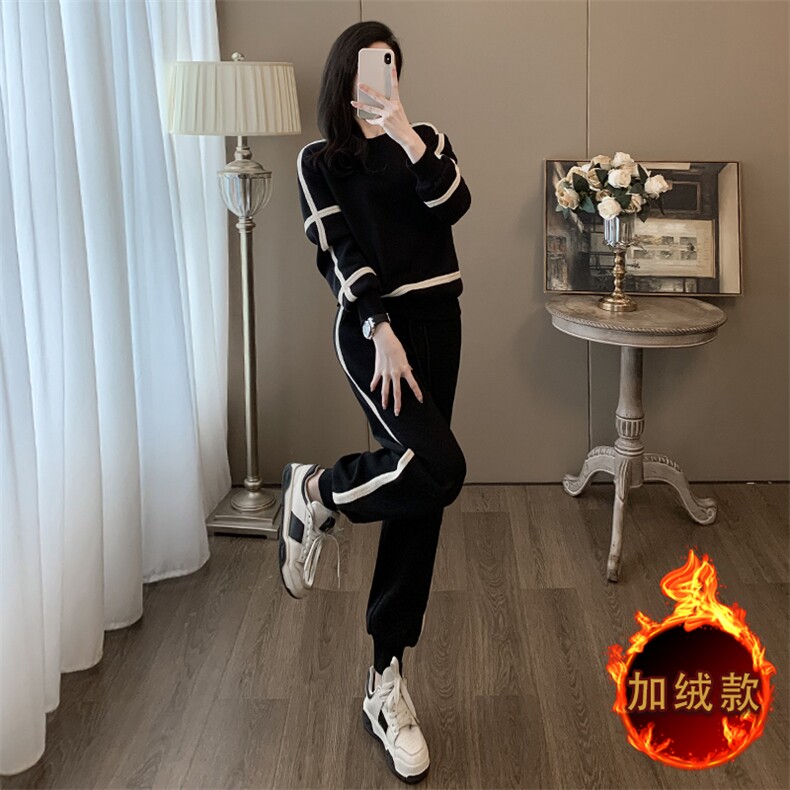 女秋冬新款宽松撞色圆领卫衣卫裤两件套,女装套装/套裙,江南