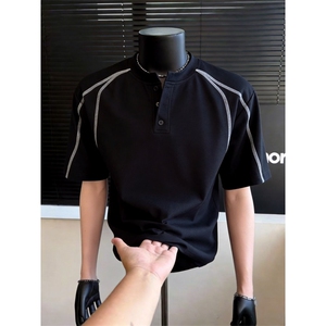 半开襟圆领短袖T恤男夏季明线拼接POLO衫领上衣可二开图片