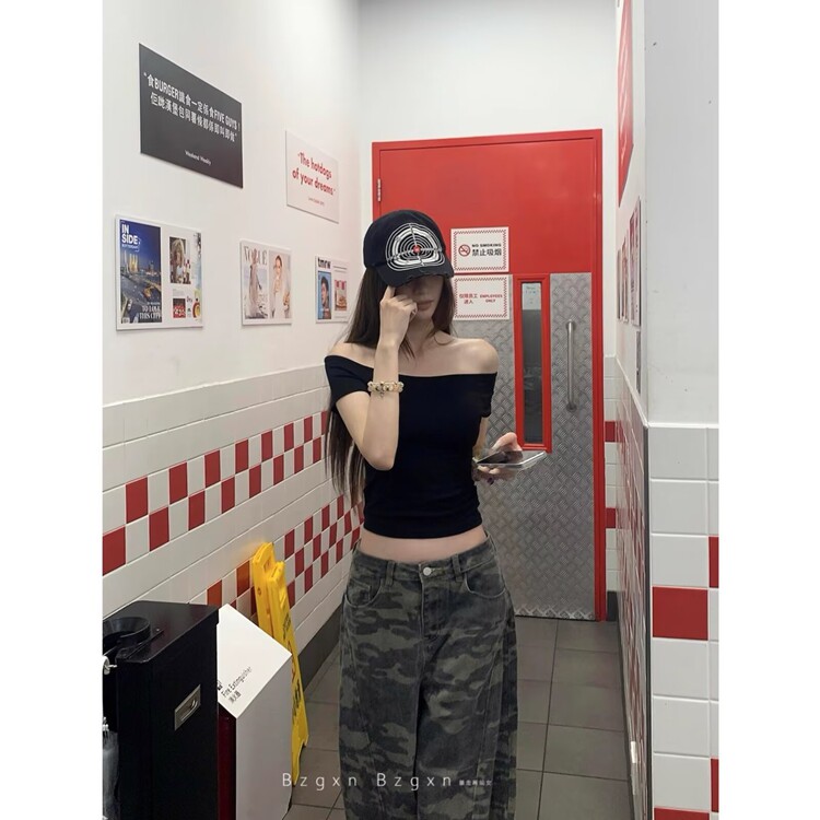 美式复古迷彩阔腿牛仔裤女夏季新款街头辣妹宽松廓形拖地弯刀长裤,女装牛仔裤,星座218-8