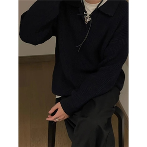 AA1736 P50黑色polo领毛衣男秋冬美式复古套头针织衫图片