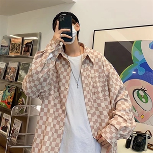 港风复古格子衬衫男韩版潮流休闲帅气情侣长袖衬衣外套CS36-p40图片