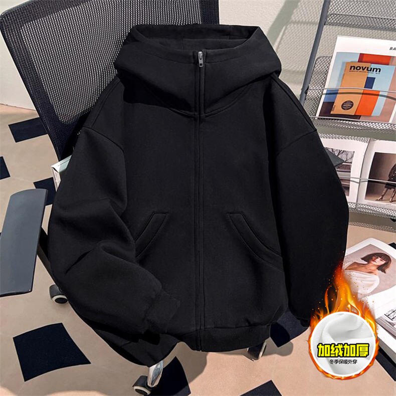 480G重磅加绒硬挺boxy男女秋冬美式高街防风高领卫衣开衫厚外套，女装短外套，电商A486-1
