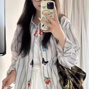 港味复古高街刺绣条纹衬衫女2025秋季新款设计感别致长袖上衣外套图片