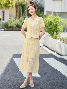 小香风蕾丝套装裙女2025夏季新款气质显瘦刺绣开叉半身裙两件套潮图片