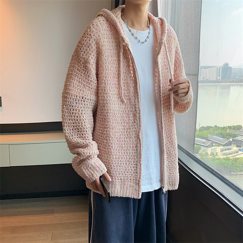 镂空针织衫设计感连帽宽松外套韩版春秋季拉链开衫上衣YM6020,男装针织衫/毛衣,星座302B-2