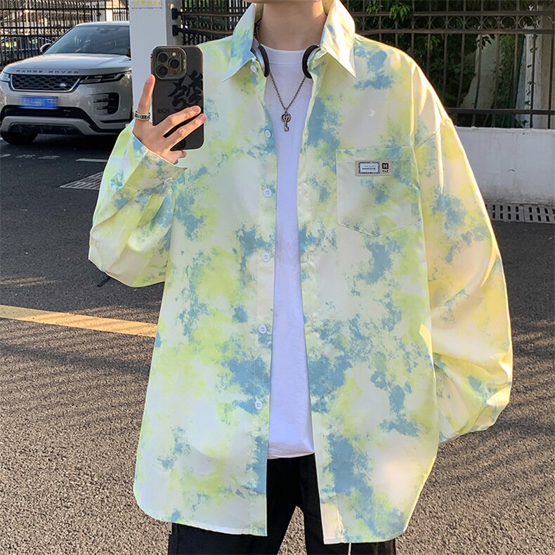 XZ-230-1CS231秋新款宽松百搭简约风水墨扎染休闲长袖衬衫P50控68，男装衬衫，星座230-1