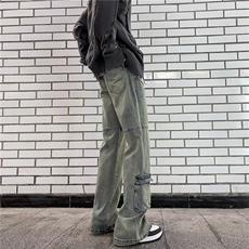 美式工装牛仔裤男黄泥染宽松直筒阔腿裤重工牛仔裤TN080-P50，男装牛仔裤，星座1001-1