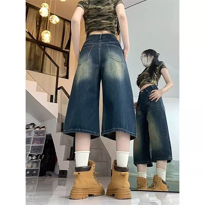 大码七分牛仔短裤女夏季胖mm复古美式宽松显瘦高腰直筒阔腿中裤子,男装牛仔裤,星座1210-1