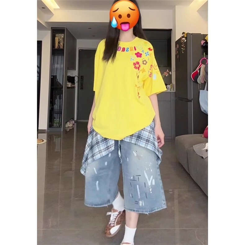 大码撞色泼墨牛仔短裤女2025夏季新款高腰慵懒感显瘦通勤七分裤子,男装牛仔裤,星座506A