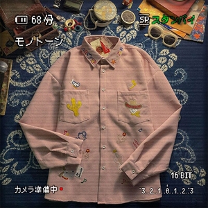 春季新款港风日系复古卡通刺绣华夫格翻领长袖衬衫男女 ZC779-P46图片