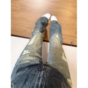 W9933-P60网图现货美式cleanfit腰果花刺绣拼接直筒牛仔裤