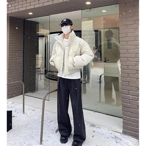 现货5W件冬季三防重磅硬挺boxy短款羽绒立领PU皮棉衣外套加厚棉服图片