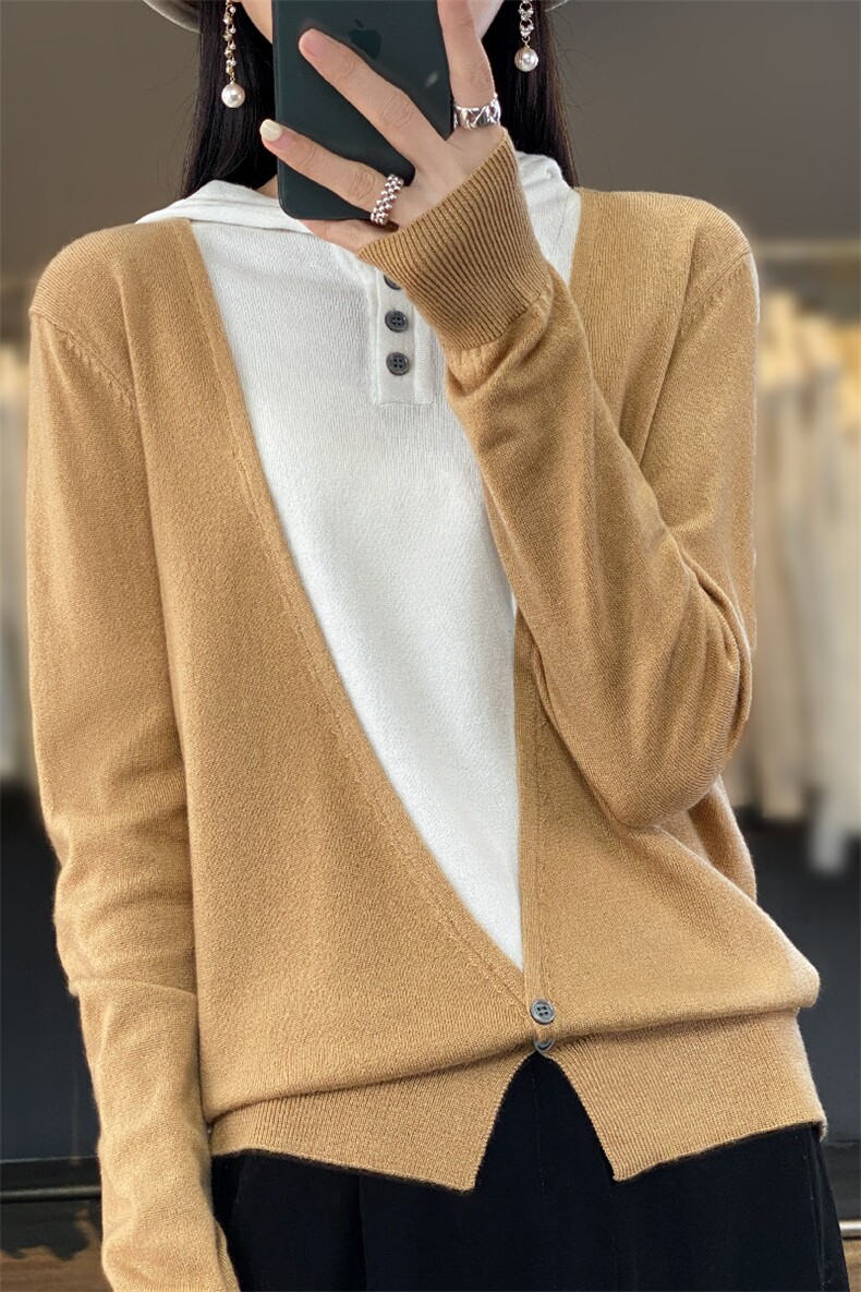 2025春季新款假两件连帽针织衫女士宽松显瘦套头帽衫卫衣羊毛上衣,针织衫/毛衣,雪真羊绒