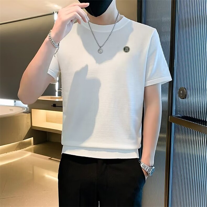 男士针织短袖毛衣男圆领半袖内搭衫半截袖打底衫夏季男款T恤 M815图片