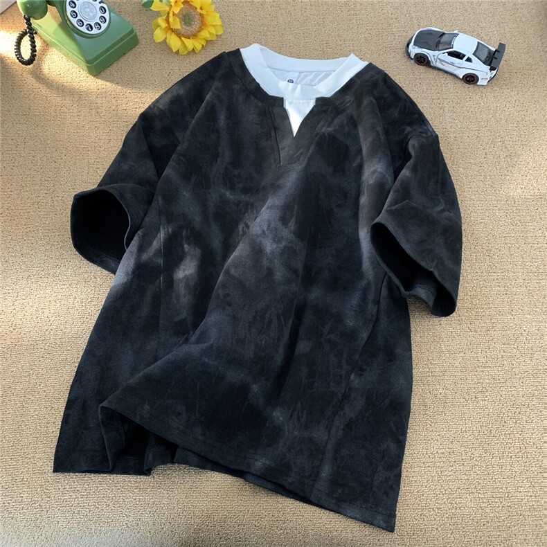 假两件圆领短袖T恤男款夏季双层亨利领设计感潮流宽松内搭上衣服图片