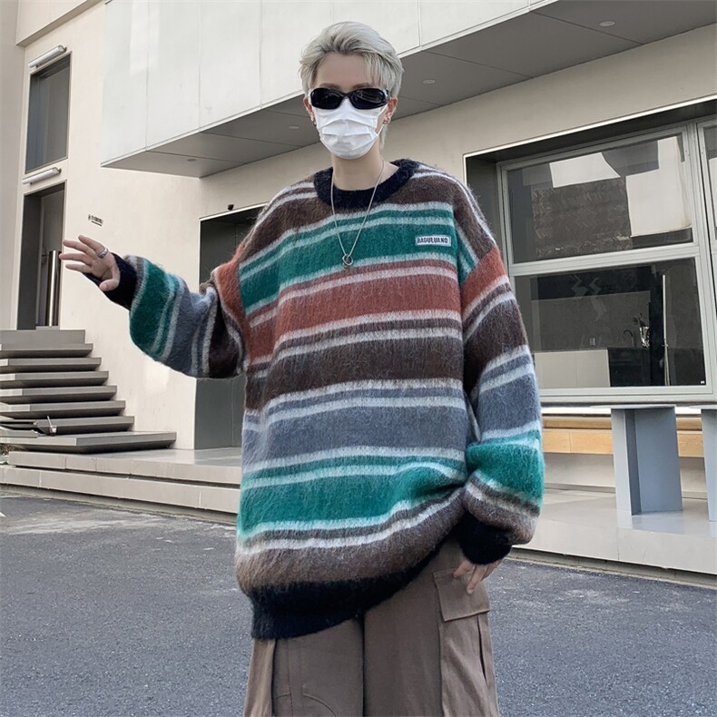 港风秋款男圆领套头毛衣扎染条纹拼色针织衫贴标外套M222P50,男装针织衫/毛衣,星座1013-1
