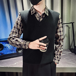 CM8801-P88控128秋冬季假两件毛衣男潮流时尚衬衫领拼接V领针织衫图片