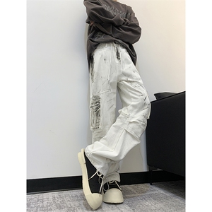 美式高街泼墨扎染设计牛仔裤新款潮牌宽松多口袋工装裤子图片