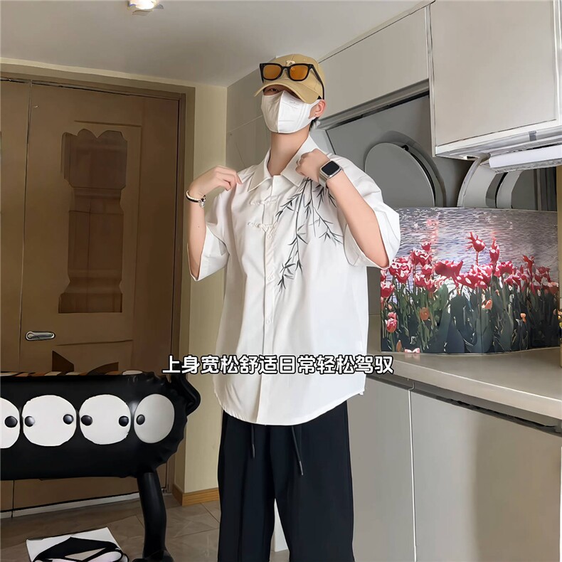 新中式男装风刺绣竹子短袖衬衫男款七分袖衬衣1007-H60-特P35,男装衬衫,星座1007（原301D）