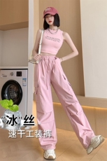冰丝速干美式工装裤女2024夏季薄款束脚阔腿高腰休闲裤运动裤，女装休闲裤，梦白服饰厂