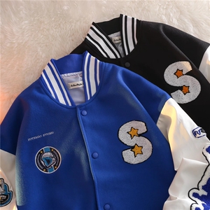 欧美嘻哈皮拼接棒球服外套男潮牌街头毛呢拼皮夹克X846P40图片