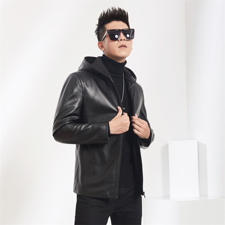 2023秋冬新款海宁皮衣男牛皮连帽外套韩版机车夹克P600，男装皮衣，电商B360