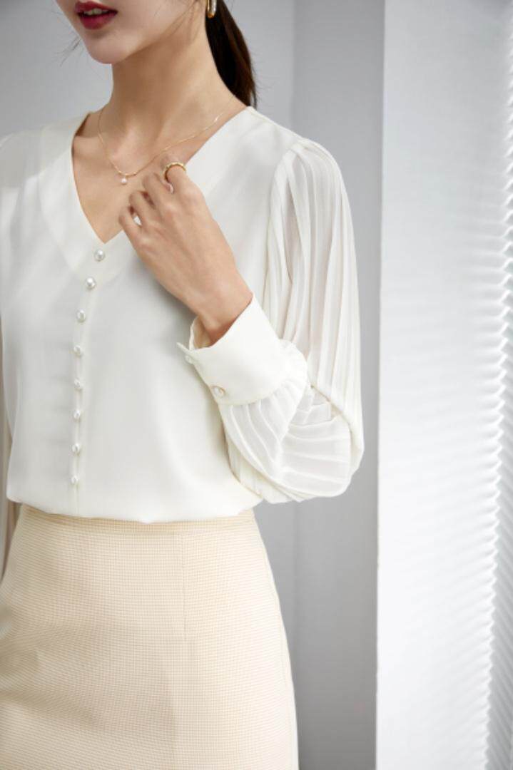 【现货】压皱雪纺上衣手工珍珠扣性价比高，商超订单，女装，苏诗丁