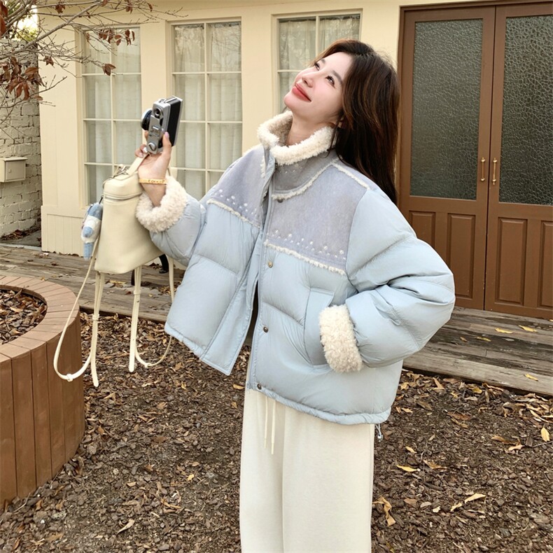 羊羔毛拼接短款羽绒服女2025年冬季新款小个子保暖减龄白鸭绒外套,女装羽绒服,2C032