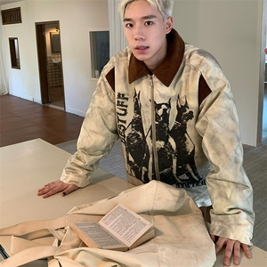 美式嘻哈做旧脏洗涂鸦翻领夹克男女宽松潮牌街头外套 J612-P68图片