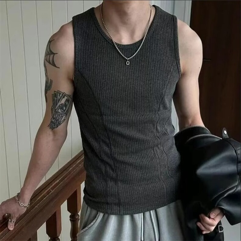 白色竖条纹拼接无袖汗背心男士夏季美式休闲个性修身坎肩T恤,男装背心/马甲,星座506A