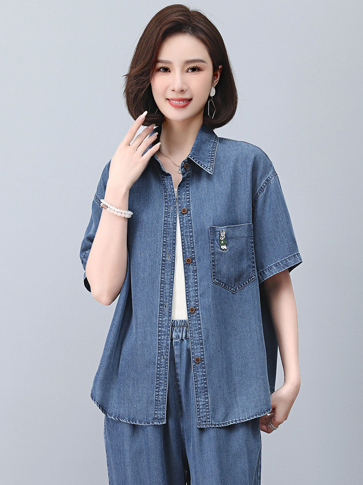 时尚宽松牛仔短袖衬衫女夏季新款百搭显瘦休闲上衣,女装衬衫,悦见她