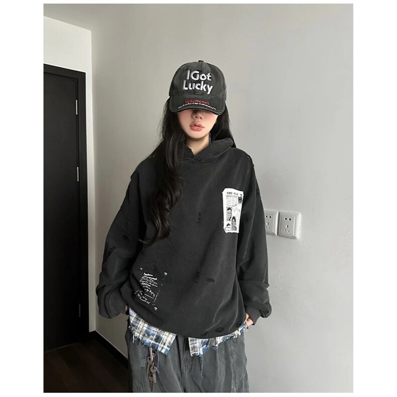 美式复古重磅水洗做旧贴布连帽卫衣男女秋冬宽松高街外套WYT19图片