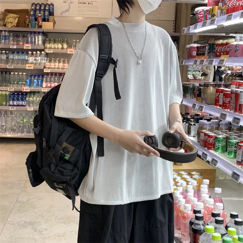 冰丝半高领五分袖男港风潮流宽松百搭休闲垂感透气T814-P24,男装T恤,星座512-2