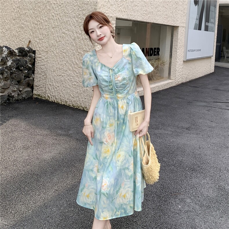 现货-2026年夏季新款韩版宽松显瘦百搭法式度假风中长款连衣裙女,女装连衣裙,霓裳依族