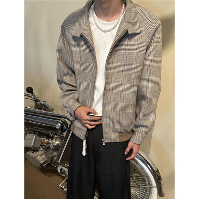 千鸟格外套男2025春秋情侣美式复古青少年宽松立领夹克J1302,男装夹克,星座1116A（原606A-3）