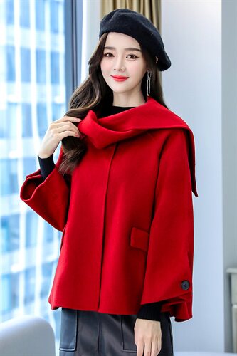 2023年冬季中长款九分袖通勤简约斗篷型单排扣纯色呢子外套，女装毛呢外套，韩美纤衣