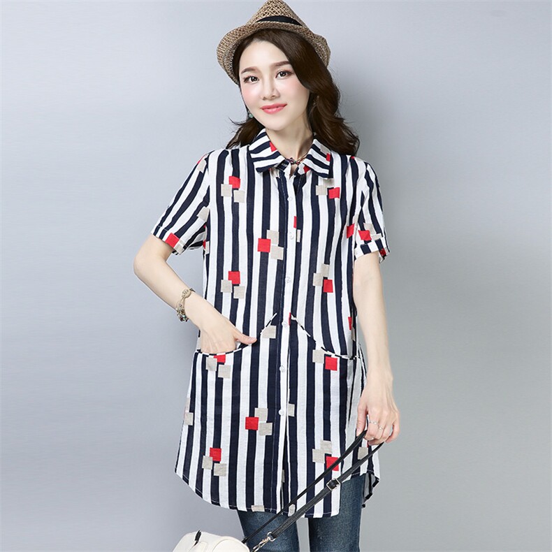 衬衫2025年夏季短袖中长款修身条纹时尚休闲舒适简约气质印花显瘦，女装衬衫，风姿绰