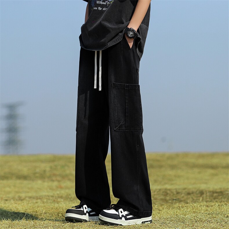 美式高街vibe牛仔裤男女春夏潮牌工装直筒阔腿裤子-BK810-P55黑色图片