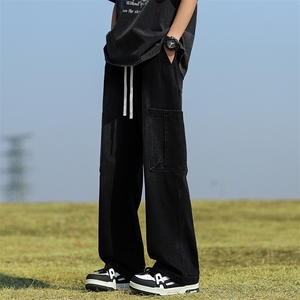 美式高街vibe牛仔裤男女春夏潮牌工装直筒阔腿裤子-BK810-P55黑色图片