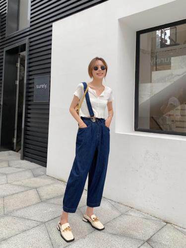 一条肩带收口牛仔裤，女装牛仔裤，肆尔