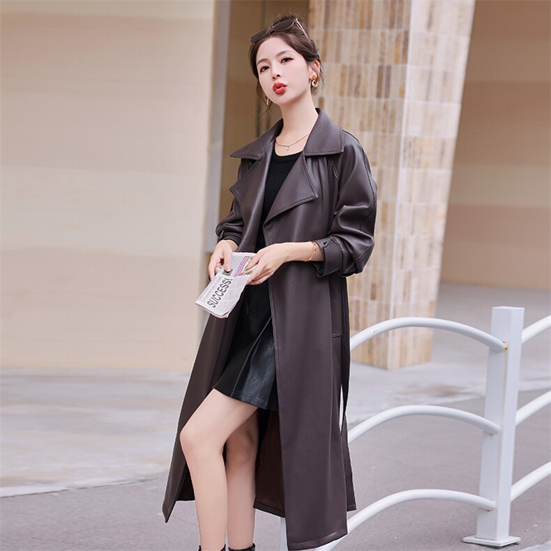 高端时尚过膝长款皮衣外套女2024春秋季新款洋气宽松显瘦大衣风衣,女装风衣,曼琳思菲