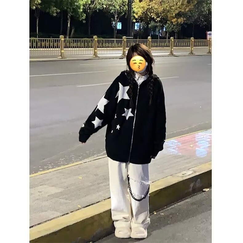 D07-P45 2025新款潮美式复古星星设计开衫针织毛衣连帽外套图片