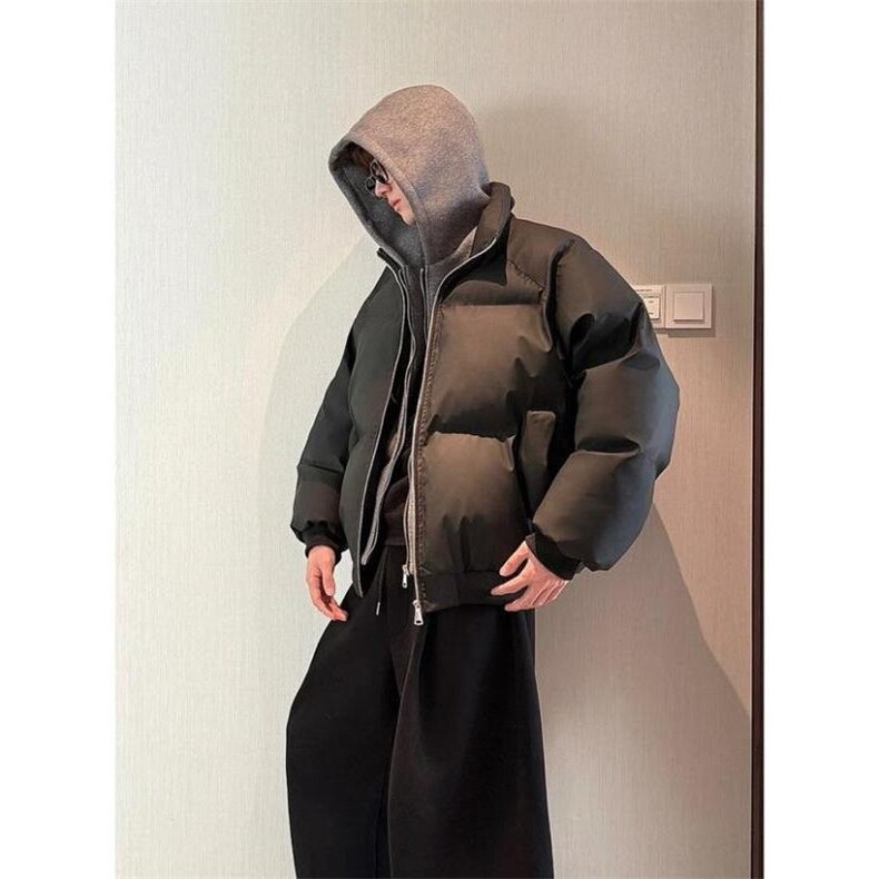 网图美式假两件pu皮短款棉服男款冬季加厚工装棉袄连帽外套特P89，男装皮衣，电商C306-1