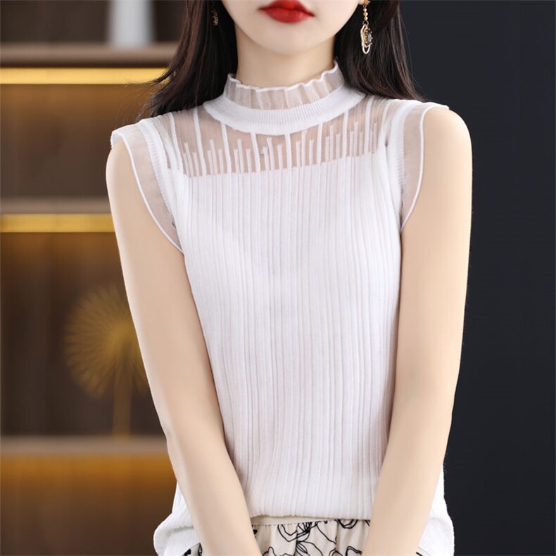法式时尚花边领背心女秋季网纱半高领打底衫假领蕾丝内搭无袖上衣，女装背心吊带，暖烁羊绒