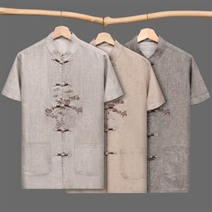 M-7XL夏季唐装套装中老年短袖薄款亚麻唐装男士大码套装001款图片