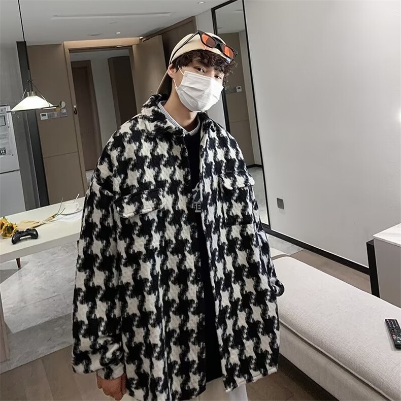 千鸟格呢子大衣男秋冬季港味复古百搭上衣古着毛呢外套潮,女装短外套,星座506A