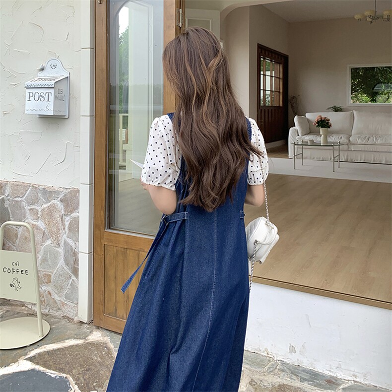 新款现货主推波点上衣+牛仔背带裙9833-P135-K188,女装连衣裙,2C129