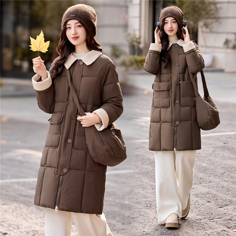 现货冬装新款简约时尚保暖休闲拼接中长款棉服棉衣外套送包包，女装棉衣/棉服，韩美纤衣